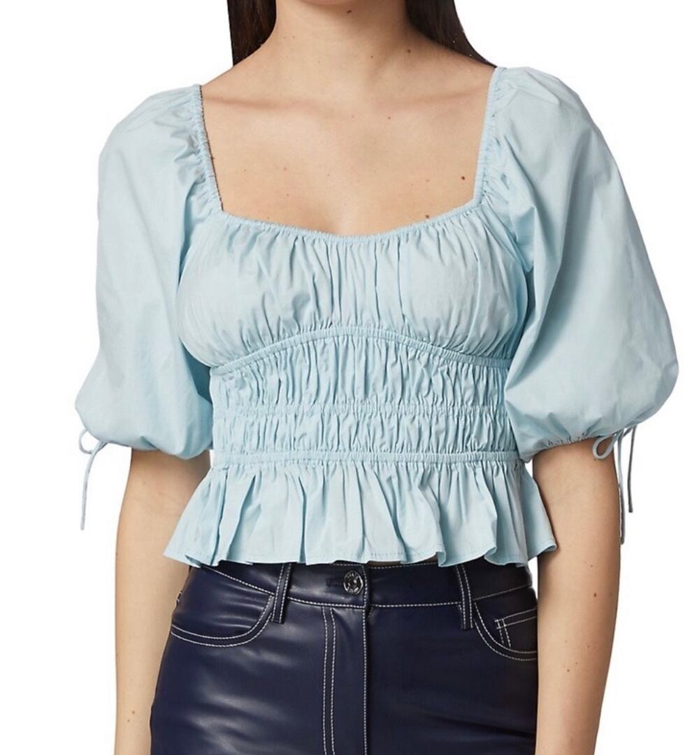 STAUD Blouse Light Blue Faye Gathered Puff-Sleeve Cotton Stretch New